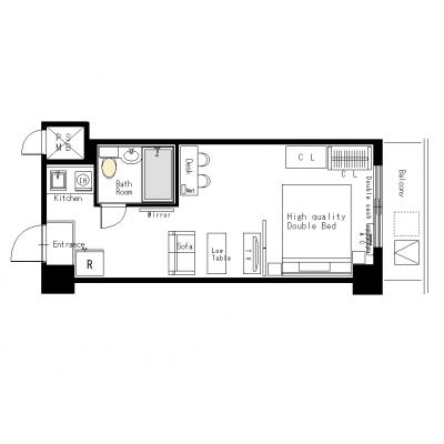 [六本木一丁目駅]マンスリー13B：1R、26平米(4階)の間取り図