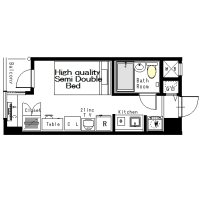 [六本木ミッドタウン至近]マンスリー6K：1R、20平米(11階)の物件間取り図