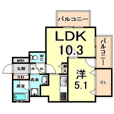 トラスト尼崎2【2面採光で日当たり良好！1LDKタイプ！】の間取り図