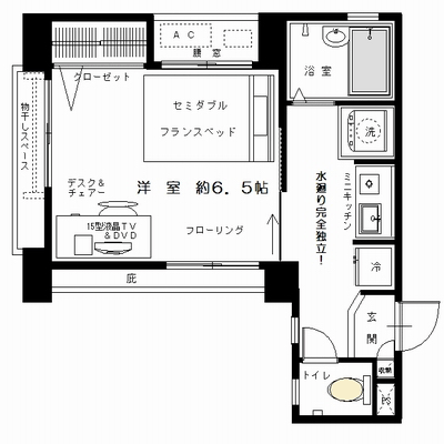 [六本木駅]マンスリー19B：1K、23平米(3階)の間取り図