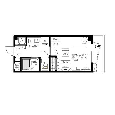 [六本木ヒルズ至近]マンスリー22A2：1K、20平米(1階)の間取り図