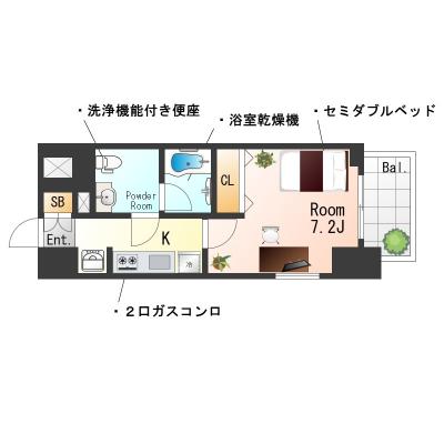 ★SステイPD西横浜【禁煙ルーム・セミダブルベッド】★インターネットWi-Fiレンタル可★浴室暖房乾燥機・独立洗面化粧台・ウォシュレット・ガス２口Kなど設備充実★の物件間取り図