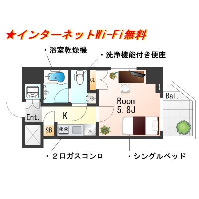 ★Sステイ横浜井土ヶ谷セジョリ蒔田【禁煙ルーム・Wi-Fi無料】★独立洗面化粧台・ウォシュレット・浴室暖房乾燥機など設備充実★の物件間取り図