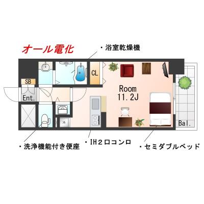 ★SステイCS神戸元町JP花隈・県庁前【禁煙ルーム・セミダブルベッド・オール電化】★浴室暖房換気乾燥・ウォシュレット・独立洗面化粧台など設備充実の間取り図