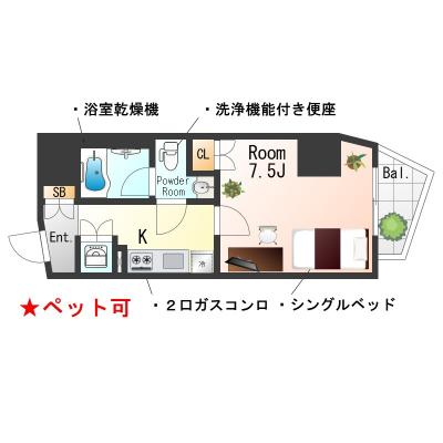 ★SステイAX新宿戸山【禁煙ルーム・１K】★インターネットWiFiレンタル可★ペット可★独立洗面台・温水洗浄便座・浴室乾燥機・ガス2口Kなど設備充実 ★の物件間取り図