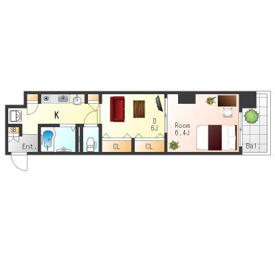 ★SステイEL天満橋【禁煙ルーム・１DK・ダブルベッド】★インターネットWi-Fiレンタル可★独立洗面台・ガスキッチン・オートロック★分譲マンション★の物件間取り図