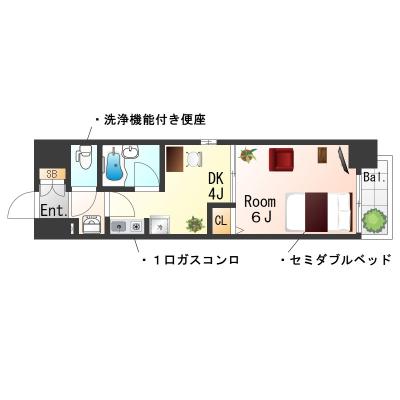 ★SステイEL京都河原町第3【禁煙ルーム・１DK・セミダブルベッド】★【禁煙ル ーム・１DK・セミダブルベッド】★インターネットWiFiレンタル可★バストイレ別・ガスキッチン・オートロック★の物件間取り図