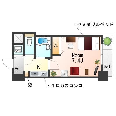★SステイPS西心斎橋・四ツ橋・桜川【禁煙ルーム・１K・セミダブルベッド・インターネットWi-Fiレンタル可】★バストイレセパ・ガスK・オートロック★の間取り図