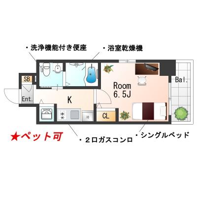 ★SステイEL江坂江の木町【禁煙ルーム・１K】★インターネットWi-Fiレンタル可 ★浴室乾燥機・ウォシュレット・独立洗面化粧台・ガス２口K・オートロックなど 設備充実★の物件間取り図