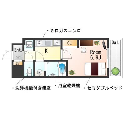 ★SステイEL松屋町SOUTH【禁煙ルーム・１K・セミダブルベッド】★インターネッ トWi-Fiレンタル可★ウォシュレット・浴室乾燥・独立洗面化 粧台・ガス２口K・オートロックなど設備充実の間取り図