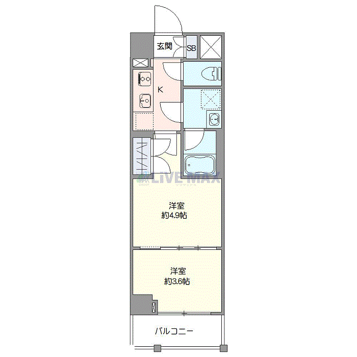 マンスリーリブマックス小田急線祖師ヶ谷大蔵SOUTH◆『禁煙ルーム・2K・26平米』【Wi-Fi無制限・独立洗面・浴室乾燥付】≪プレミアムシリーズ≫の物件間取り図