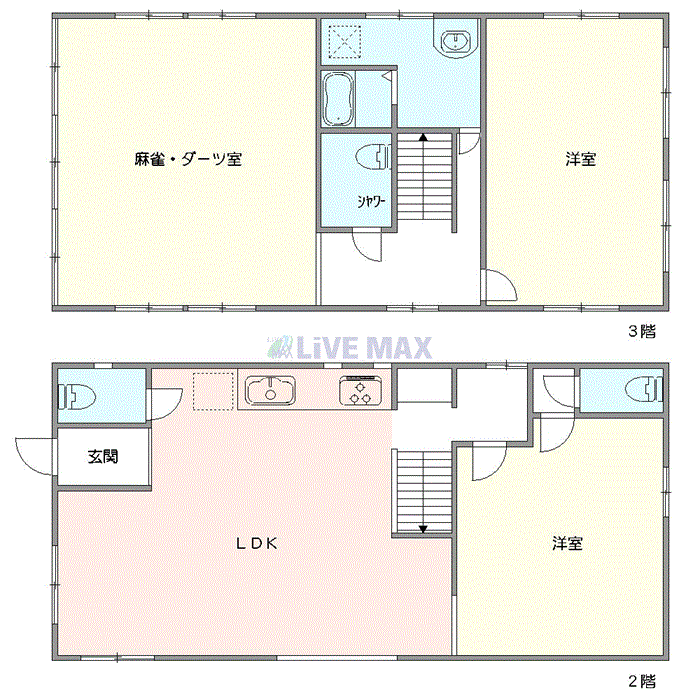 マンスリーリブマックス沖縄市諸見里ビクトリーランド『駐車場付・3LDKメゾネット・140㎡・フォースベッド・ダーツ・麻雀卓完備』≪プレミアムシリーズ≫の物件間取り図