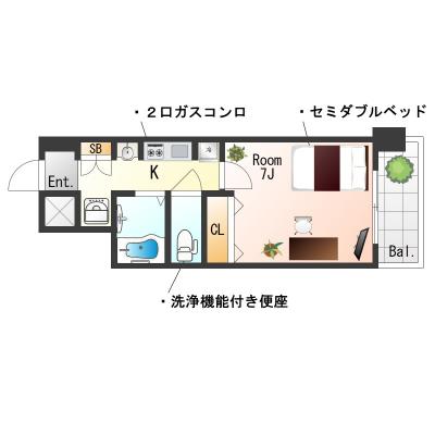 ★Sステイ京都東山RS三条京阪【禁煙ルーム・１K・セミダブルベッド】★wi-fiレンタル可★独立洗面化粧台・ウォシュレットなど設備充実★の物件間取り図