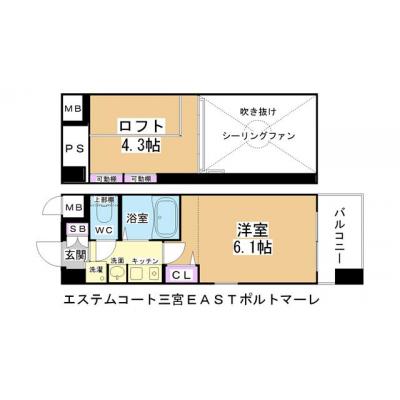 特選【春日野道駅　徒歩1分】EC三宮ＥＡＳＴポルトマーレ【分譲マンション・NET無料・ペット飼育相談可：４帖のロフト付】の間取り図