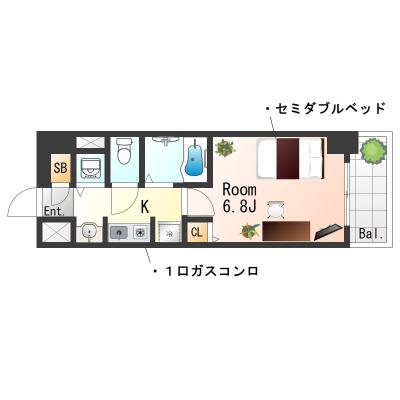 ★SステイRC名古屋・国際センター駅【禁煙ルーム・１K・wi-fiレンタル可（有料）・セミダブルベッド】★独立洗面化粧台・ガスキッチン★の物件間取り図