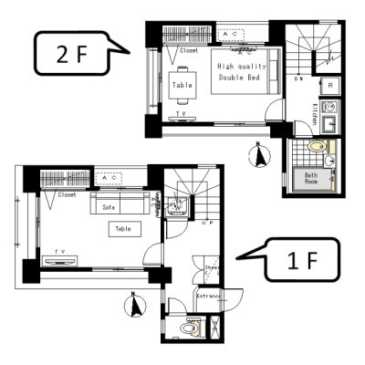 [六本木駅]マンスリー19A2：2K、44平米(メゾネット1・2階)の間取り図