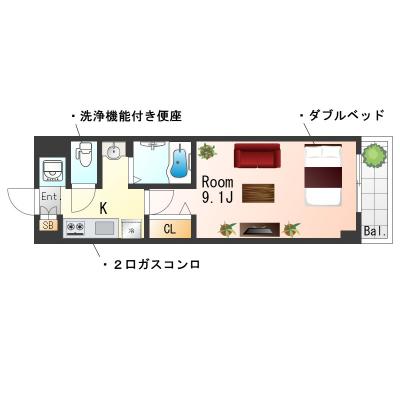 ★Sステイ京都駅前プラネシア【禁煙ルーム・１K・wifiレンタル可（有料）・ダブルベッド】★独立洗面台・温水洗浄便座・ガス２口キッチン★の物件間取り図