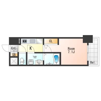 ★SステイEL京橋グランテラス【禁煙ルーム・１K・Wi-Fi無料・セミダブルベッド 】★独立洗面台・温水洗浄便座・浴室乾燥機・ガス２口K★ペット可★の間取り図