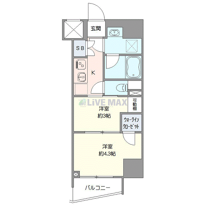 マンスリーリブマックス上野・入谷SOUTHアイズ■『禁煙ルーム・2K・25平米』【Wi-Fi無制限・独立洗面・浴室乾燥付】≪プレミアムシリーズ≫の間取り図