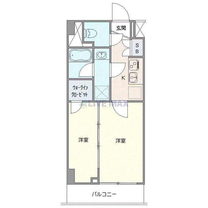 マンスリーリブマックス北千住WEST千住龍田町▲『禁煙ルーム・2K・25平米』【独立洗面・浴室乾燥・洗浄便座】≪プレミアムシリーズ≫の間取り図