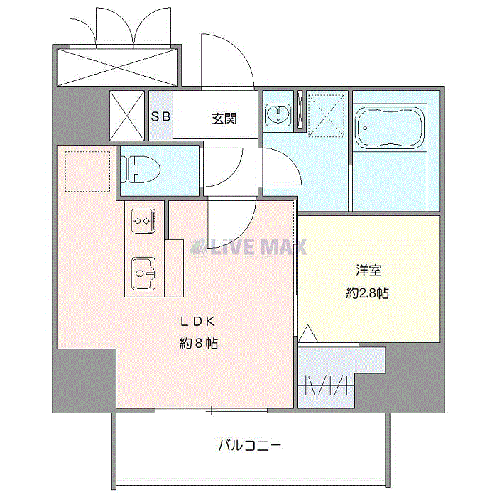 マンスリーリブマックス札幌EASTディアレイシャス∴『禁煙ルーム・1LDK・30平米』【カウンターキッチン・浴室乾燥付】≪プレミアムシリーズ≫の間取り図