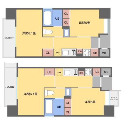 【オレンジマンスリー九大病院前】♪11万円コミコミキャンペーン♪ 馬出九大病院前駅4分・31㎡のゆったり2K♪　★トリプルセキュリティ・禁煙ルーム・Wi-Fi無料★　※全2部屋の物件間取り図