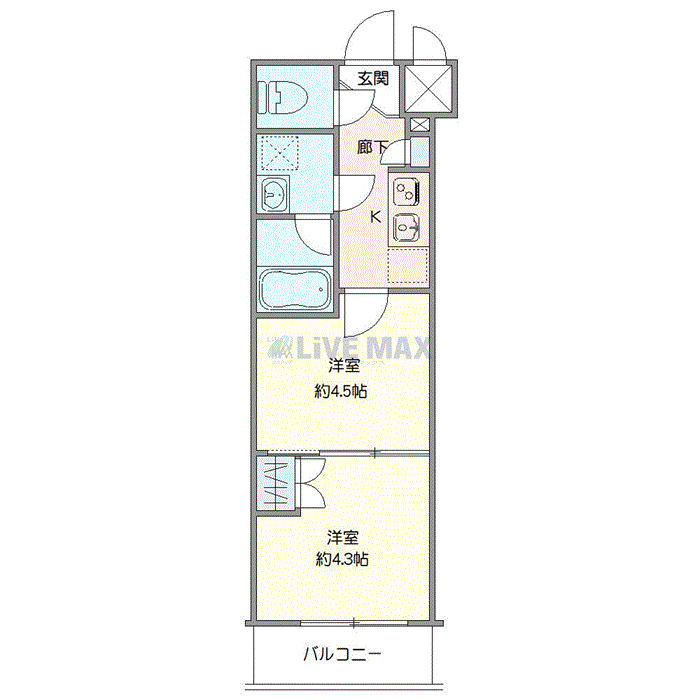 マンスリーリブマックス池袋WESTレジデンス△『禁煙ルーム・2K・25平米』【独立洗面・浴室乾燥機能付】≪エクセレントシリーズ≫の物件間取り図
