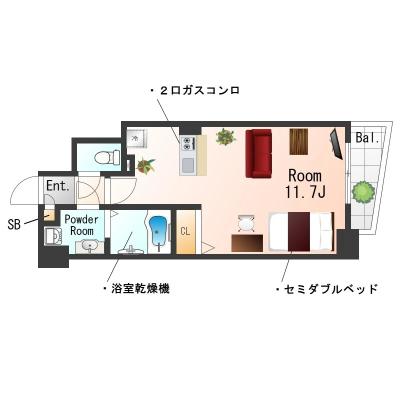 OneLife南堀江アクアSL【オートロック・バストイレ別・独立洗面台・浴室乾燥機付き】の物件間取り図