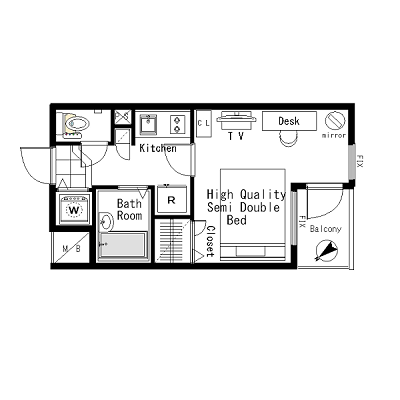 [六本木一丁目駅]マンスリー12A：1K、19平米(2階)の間取り図