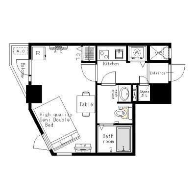 [六本木交差点至近]マンスリー17B：1K、25平米(6階・角部屋)の物件間取り図
