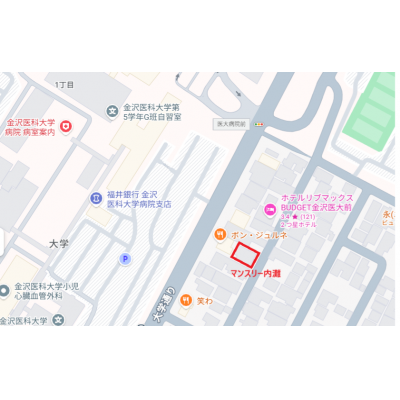 マンスリー内灘　【地元不動産会社が運営・金沢医科大学徒歩すぐ！・家具・家電・Wifi駐車場付き・すぐ暮らせるマンスリー】の物件地図