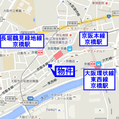 マンスリーリブマックス大阪京橋パティオ☆【駅徒歩1分・洗浄機能付便座・NET対応】≪エクセレントシリーズ≫の物件地図