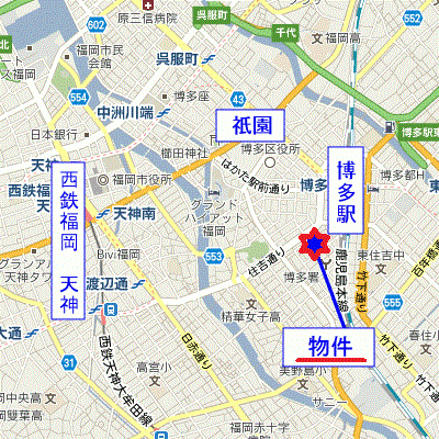 【今月の契約に限り‼】通常料金1日/4,300円➡3,800円でご紹介可能！★博多駅徒歩3分のハイグレード物件♪　光インターネット無料！　ウォシュレット付♪の物件地図